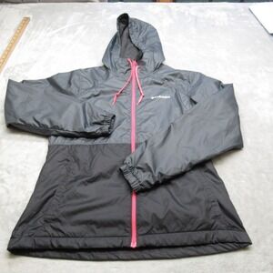 Columbia Jacket Womens Small Gray Pink‎ Trim Zip Hooded Full Zip Windbreaker